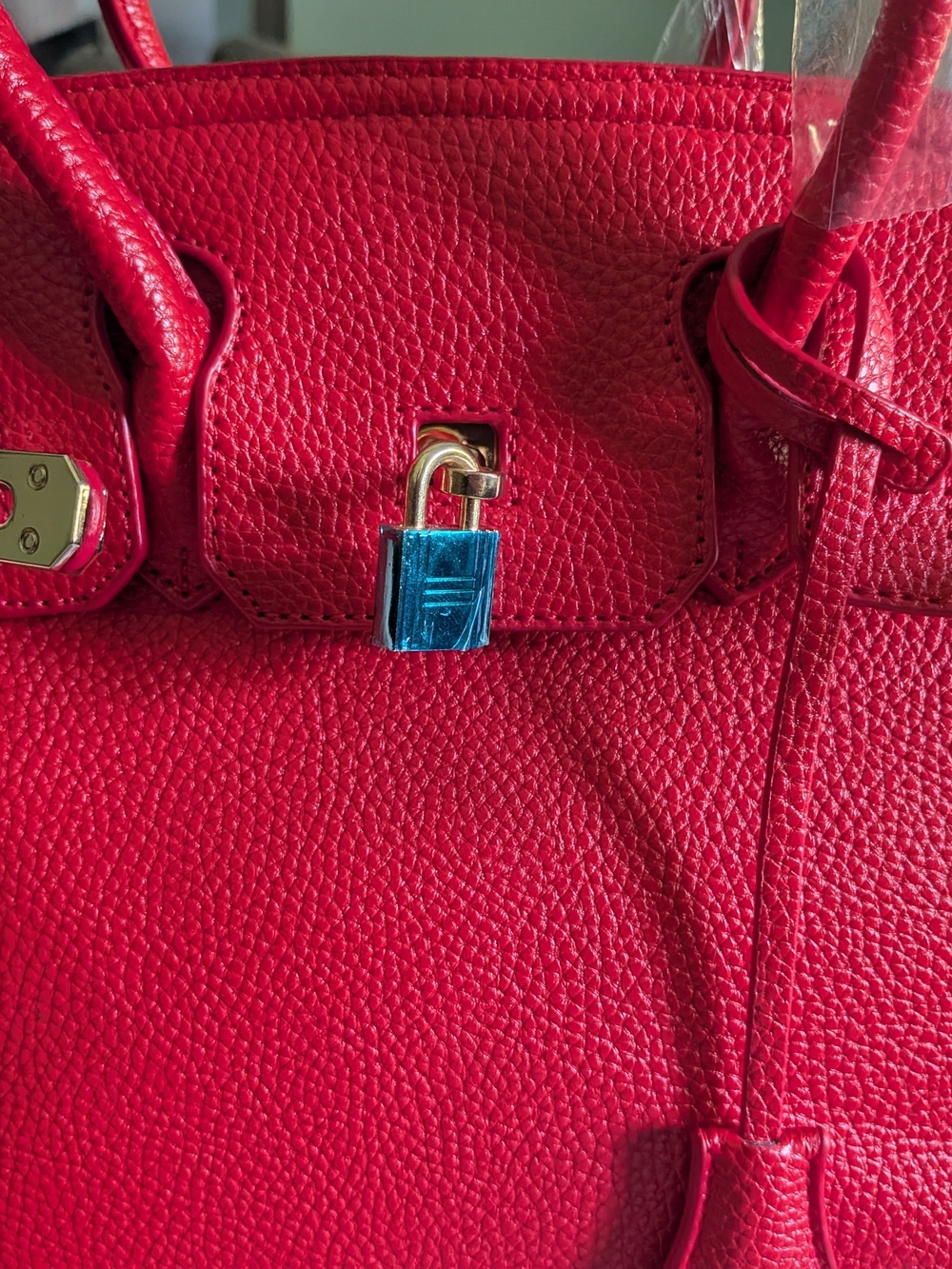 Red Pebbled Faux Leather Tote Bag with Gold & Blue Accent